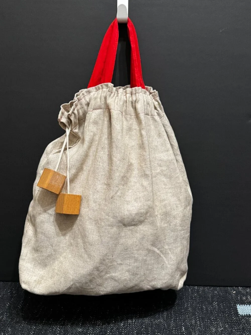 Double Handle Pouch Bag with Wood Block Aglet Drawcord, Natural Canvas